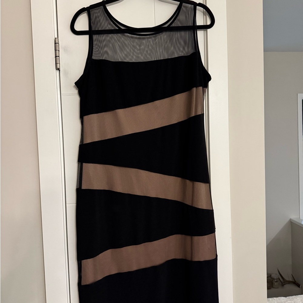LAURA - Elegant sheer Black and Tan Striped Midi Dress